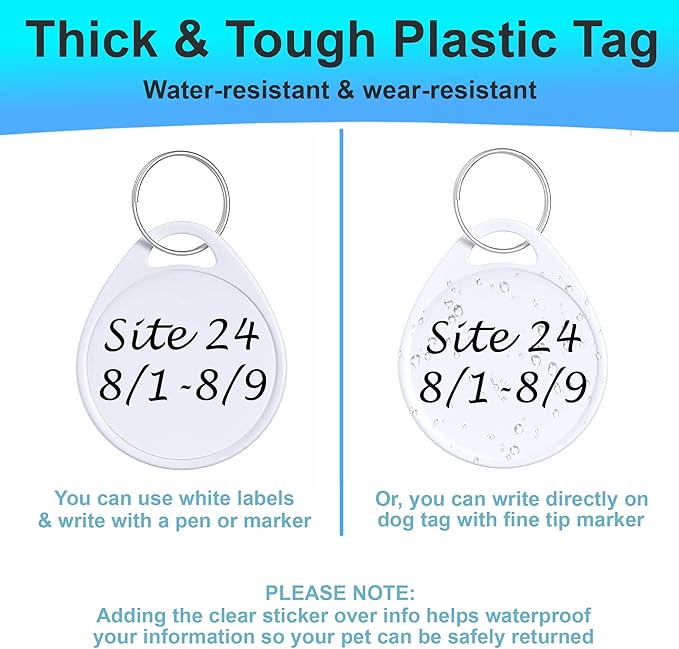 Dog Camping Gear (10pk) Blank Dog ID Tags, Emergency Double Sided Dog Tags with Key Ring, Prevent Lost Dogs During Travel or RV Camping, Camping Dog Accessories, Water-Resistant Pet Tag