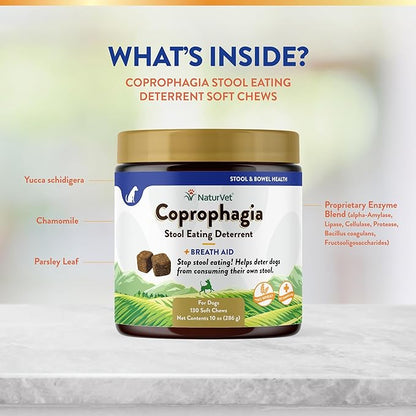 NaturVet – Coprophagia Stool Eating Deterrent – Deters Dogs from Consuming Stool – No Poop Eating for Dogs - Enhanced with Breath Aid Freshener, Enzymes & Probiotics – 130 Soft Chews