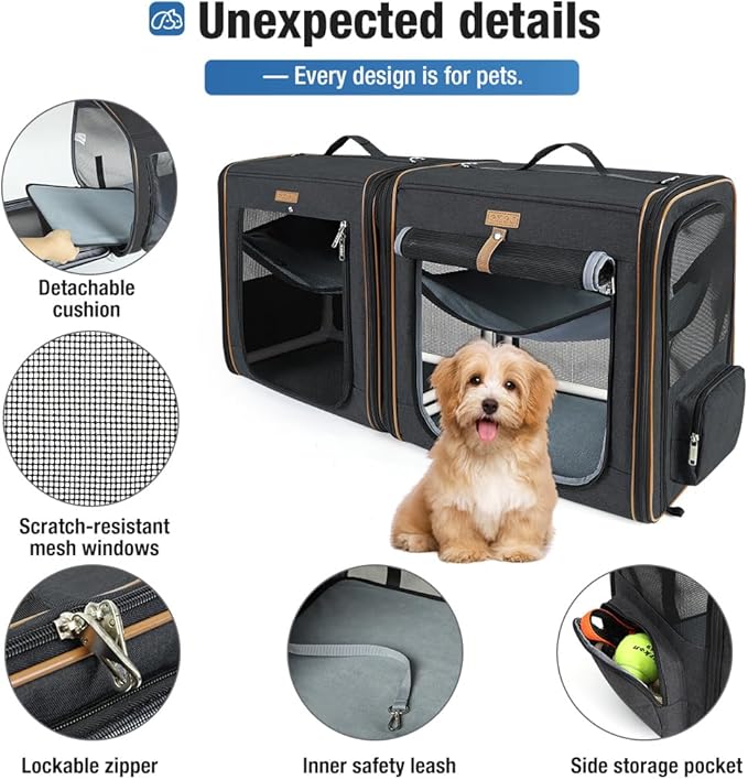 Lekereise 2-in-1 Cat,Dog Carrier for Small Medium Large Pets up to 45 Lbs, (20.85"*2)*19.7"*19.7" Car Travel Carrier with Litter Box, Bowl, and Locking Zipper - Black