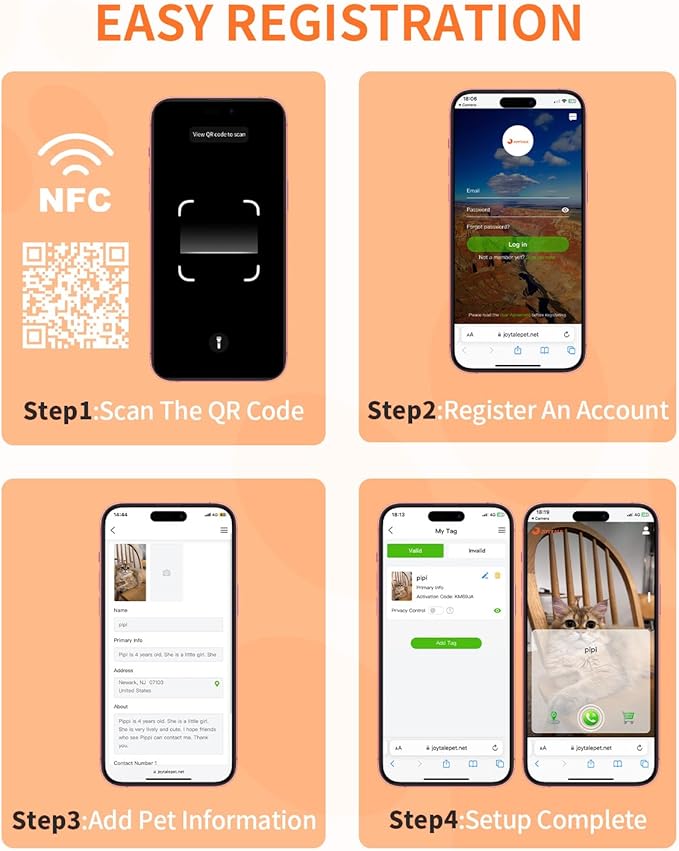 Joytale [ NO APP Required ] Silent Silicone QR Code Dog Tag, Slide On Dog Tags for 3/8-5/8 Inch Wide Collars or Vest, NFC Pet Online Profile, Scan QR to Send Location Alert Email, Orange, S