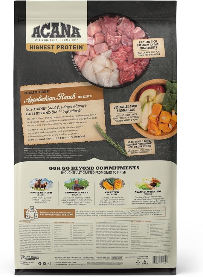 ACANA Highest Protein Dry Dog Food, Appalachian Ranch, Beef Recipe, 25lb