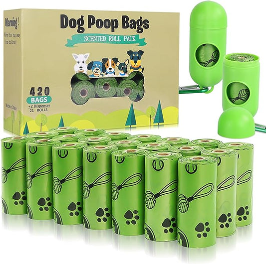 Dog Poop Bags(420 Count), Scented Poop Bags for Dogs Leak Proof Doggie Poop Bag Refills Rolls Pet Waste Bags with 2 Free Dispenser