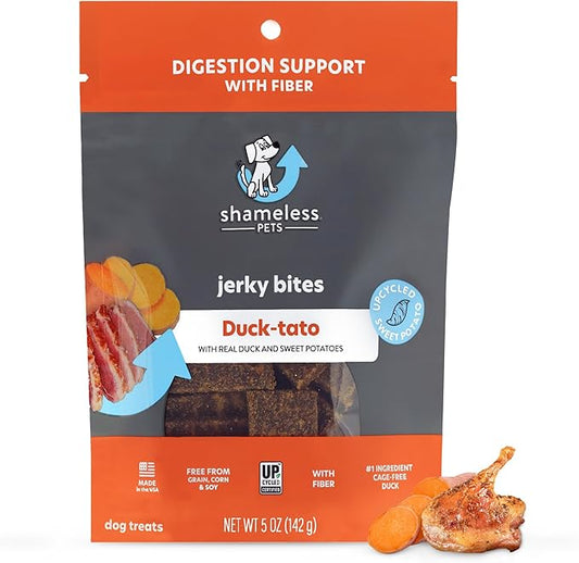 Shameless Pets Jerky Dog Treats, Duck-Tato - Healthy Dog Chews for Digestion Support with Fiber - Dog Treats with Real Cage-Free Duck - Free from Grain, Corn & Soy - 1-Pack