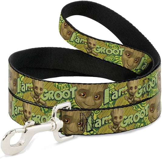 Dog Leash Baby Groot Pose Face I Am Groot Browns Greens Yellows 6 Feet Long 1.0 Inch Wide