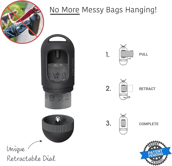 SVD.PET Dog Poop Bag Dispenser, Retractable Waste Bag Fits Any Leash, Compostable Waste/Poop Bag Holder, Dog Walking Accessory (Black)