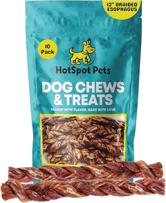 Beef Jerky Dog Treats - 6 Inch Thick Esophagus Braided Sticks Dog Chews - All Natural Bulk Beef Chews from Grass Fed Cattle - Rich in Glucosamine & Chondroitin Rawhide Alternative (12 Inch - 10 Pack)