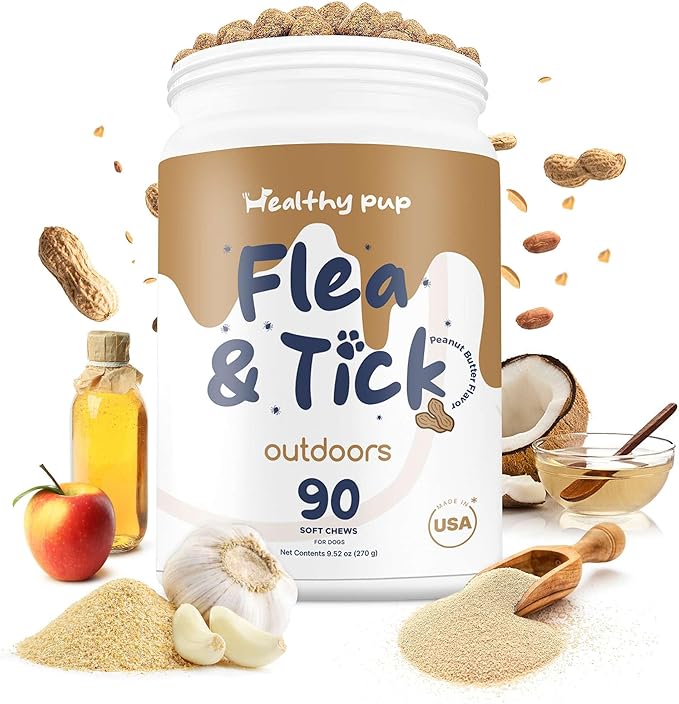 Flea and Tick Prevention for Dogs, Chewable – 90 Peanut Butter Flavored Soft Chews – Made with B Vitamins, Garlic Powder, Brewers Yeast, Coconut Oil, and Apple Cider Vinegar