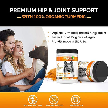 Renew Actives Organic Turmeric Joint Supplement for Dogs - Advanced Canine Support for Hip, Joint & Cartilage Health - Natural Mobility Formula with 120 Chewable Soft Treats