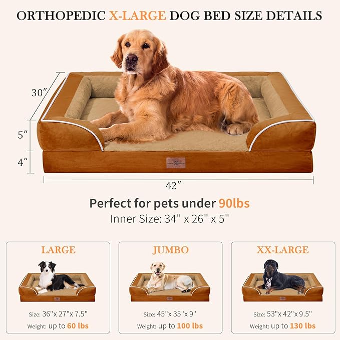 XL Dog Beds, Waterproof Dog Bed with Bolster, Extra Large Dog Beds Orthopedic, Washable Dog Bed Sofa Pet Bed with Removable Cover & Non-Slip Bottom(X-large,Caramel)