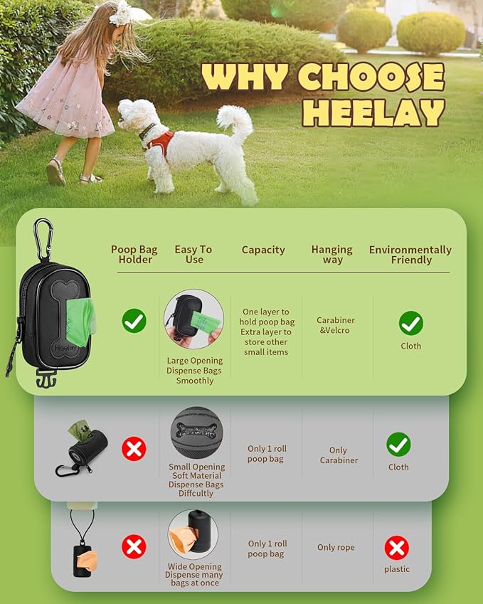 Dog Poop Bag Holder for All Leashes,Hand Free Doggie Waste Bag Dispenser-Velcro/Hook/Carabiner,Dog Poop Bag Dispenser for Leash,Wide Opening,Leash Attachment for Dog Walking,Poop Bags EXCLUDED,Black