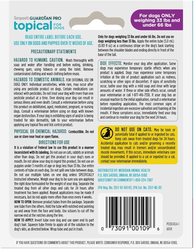 Sergeant's Guardian Pro Flea & Tick Squeeze On Topical for Dogs, 33-66 lbs., 3 Count