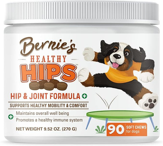 Bernie's Healthy Hips - Daily Dog Hip and Joint Supplement - 90 Soft Chews - Reduce Pain, Encourage Mobility, Slow Damage, Repair and Rebuild Hips and Joint Tissues