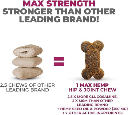 Mighty Petz MAX Hemp Joint Supplement for Dogs - Glucosamine Chondroitin for Dogs. Advanced Mobility Support, Hip & Joint Relief Chews with MSM, Turmeric & Omega-3