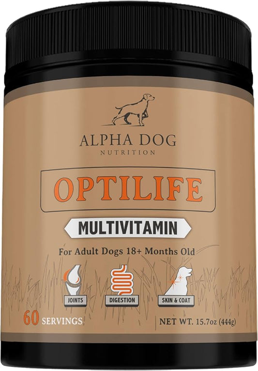 OptiLife Multivitamin for Adult Dogs - Contains Probiotics, Allergy Support, Joint Support, Muscle Recovery, and Skin & Coat Support - Powder Supplement (60 Servings)