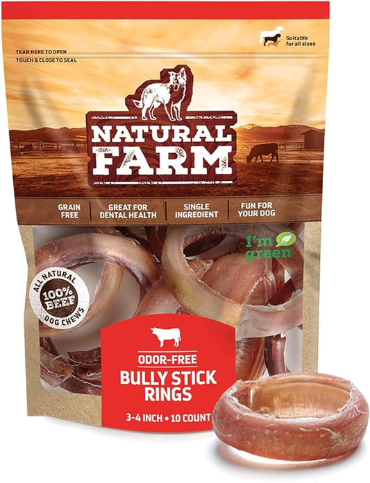 Natural Farm Odor Free Bully Sticks Ring Shaped (3-4 Inch, 10 Pack) - 100% Beef Chews for More Engagement & Fun, Grass-Fed, Non-GMO, Fully Digestible - Best for Small & Medium Chewers