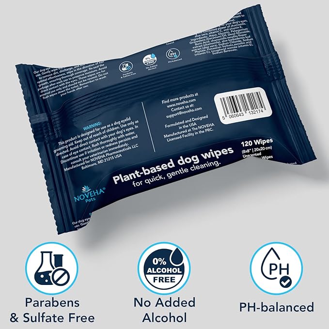 NOVEHA 120 Dog Wipes - Odor Eliminating and Cleaning Grooming Wipes for Dog's Paws, Body, and Butt - Perfect for Puppy and Adult Dogs - Plant-Based, Safe, Convenient & Large Unscented Wipes