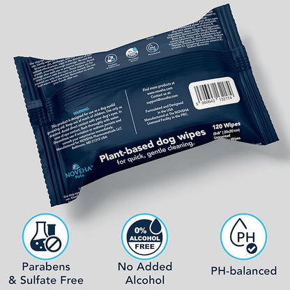 NOVEHA 120 Dog Wipes - Odor Eliminating and Cleaning Grooming Wipes for Dog's Paws, Body, and Butt - Perfect for Puppy and Adult Dogs - Plant-Based, Safe, Convenient & Large Unscented Wipes