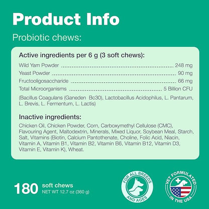 Canine Probiotic Chewables - Gut Health with Probiotics, Prebiotics, Yeast Powder - Vet Formulated for All Dog Breeds & Sizes