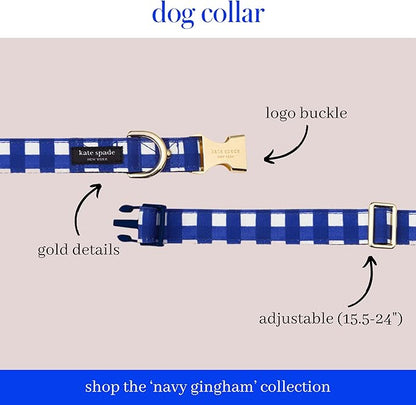 Kate Spade New York Cute Dog Collar, Gold Metal Buckle Dog Collar, 15.5" to 24" Adjustable Dog Collar for Female or Male Dogs, Stylish Dog Collar for Medium and Large Breeds (Navy Gingham)