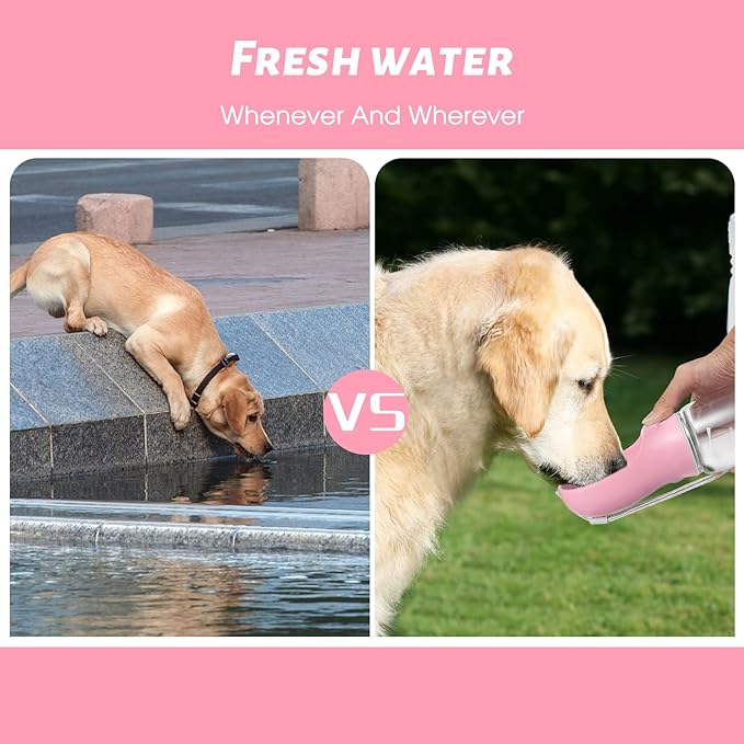 Kalimdor Dog Water Bottle, Leak Proof Portable Puppy bowl Water Dispenser with Drinking Feeder for Pets Outdoor Walking, Hiking, Travel, Food Grade Plastic (19oz Pink)