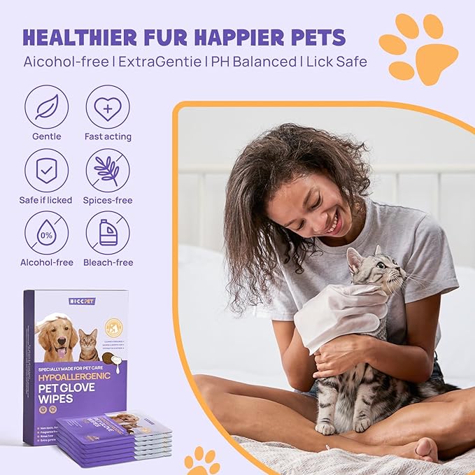 HICC PET Cleaning Deodorizing Bathing Wipes for Dogs & Cats, Hypoallergenic Dog Cleaning Glove Wipes with Coconut Oil Nourishing Grooming Fur, Cat Cleaning Wipes for Daily Care and Traveling