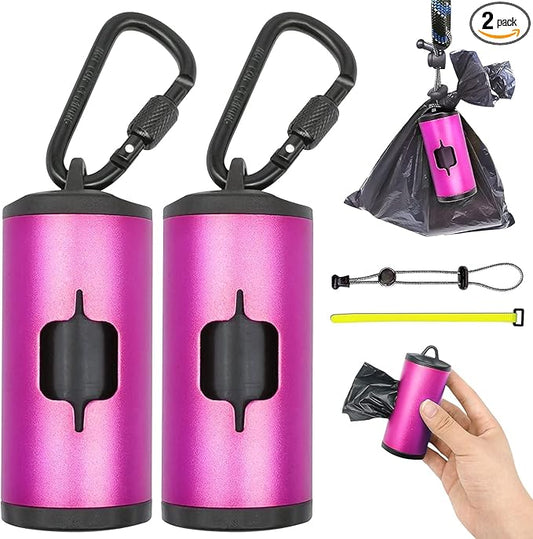 2 Pack Metal Dog Poop Bags Holder Aluminum Poo Bags Dispenser with 30 Black Unscented Pet Waste Bags and 3 Leash Accessories for Dog Walking(2 Holders 30 Bags,Pink)
