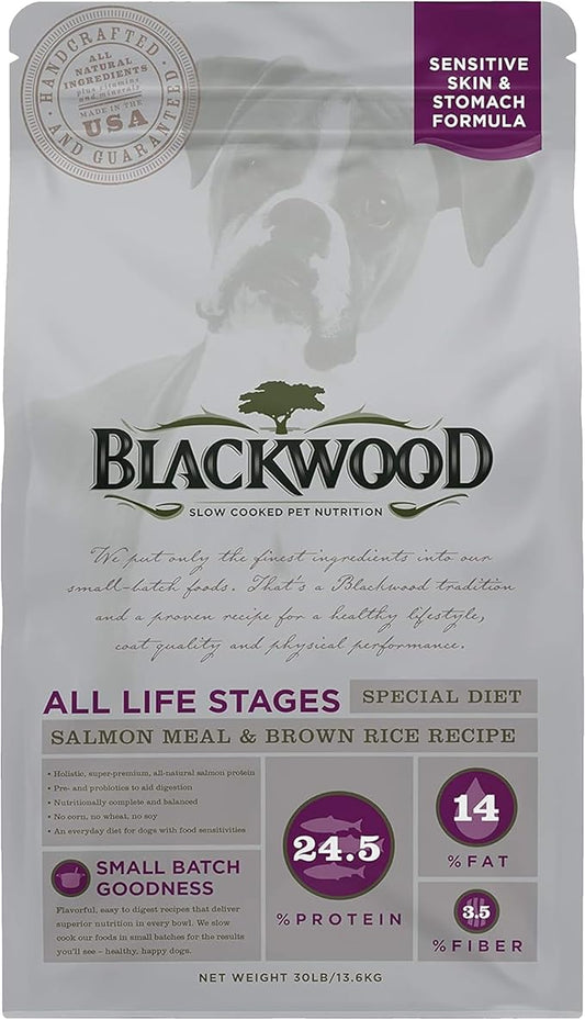 Blackwood Special Diet All Life Stages Dry Dog Food, 30Lb., Salmon Meal & Brown Rice Recipe, Sensitive Skin and Stomach, Grain Free Dog Food