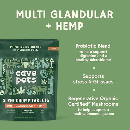 Super Chomp Tablets, Dog Probiotic Supplement for Digestive Health and Natural Relaxation, Multi-Glandular & Hemp