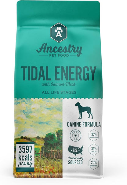 Ancestry Tidal Energy Dog Food, Salmon Meal with Sweet Potato Recipe, Crude Protein, Fiber & Fat, For All Life Stages, Improve Gut Health, Grain Free, Digestive & Immune Support (25 lb. Bag)