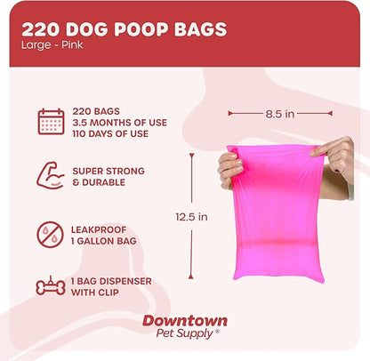 Downtown Pet Supply 220 Count Dog Poop Bags Refills with Leash Clip and Bone Bag Dispenser, Pink - Dog Waste Bags Unscented and Leak-Proof with Dog Poop Bag Dispenser - 12.5 x 8.5"