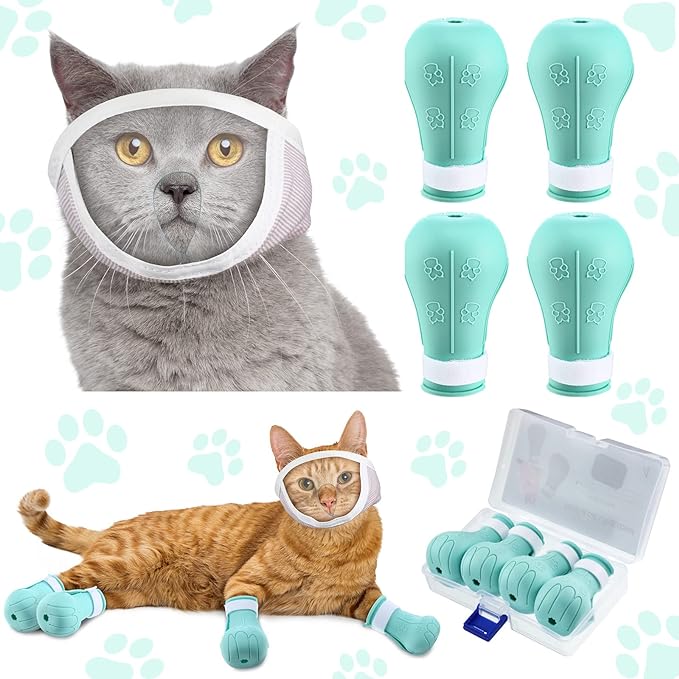 Hillban Cat Muzzle for Grooming with 4 Silicone Boots Breathable Transparent Cat Face Guard Silicone Cat Claw Covers Anti Scratch Cat Booties to Prevent Scratching Biting Bathing Trimming (Small)