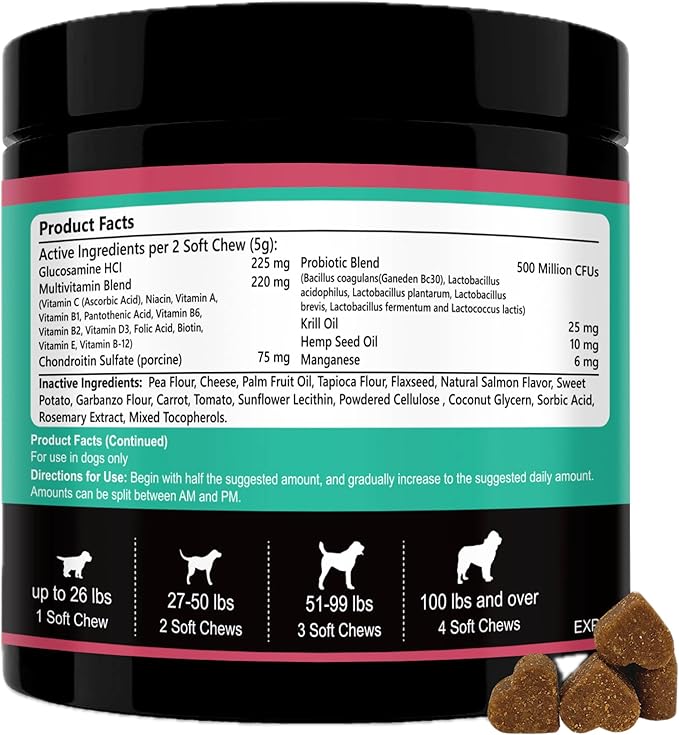 Dog Multivitamins Chewable- 15 in 1 Dog Vitamins Multivitamin for Heart Health - Omega 3 Oil for Skin & Coat, Chondroitin and Glucosamine for Dogs Joint & Mobility, Probiotics - 120ct