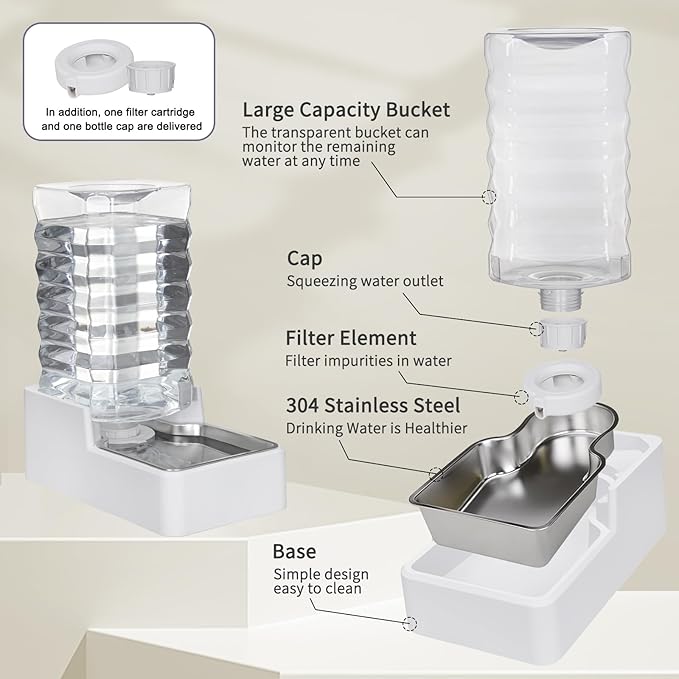 Sfozstra 9L Upgraded Dog Water Bowl Dispenser, Stainless Steel Bowl, Automatic Gravity Cat Water Dispenser, BPA-Free, Large Capacity Water Dispenser with Two Caps and Filters(White,9L+)