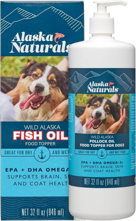 Sustainable Wild Alaskan Fish Oil for Dogs Skin and Coat – EPA + DHA Omega 3 Oil - Fatty Acids Dog Supplements - Support Fur Coat and Brain Health - Natural Liquid Food Topper for Pets – 32 oz. Pump