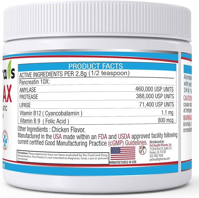 PancreaMax 10x Pancreatic Digestive Enzymes Supplement for Cats and Dogs(12 oz) Powder (Made in U.S.A).10x Pancreatin for Dogs Contain Pancreatic Enzyme | Pancreatin for Dogs (10x Porcine Pancreatin)