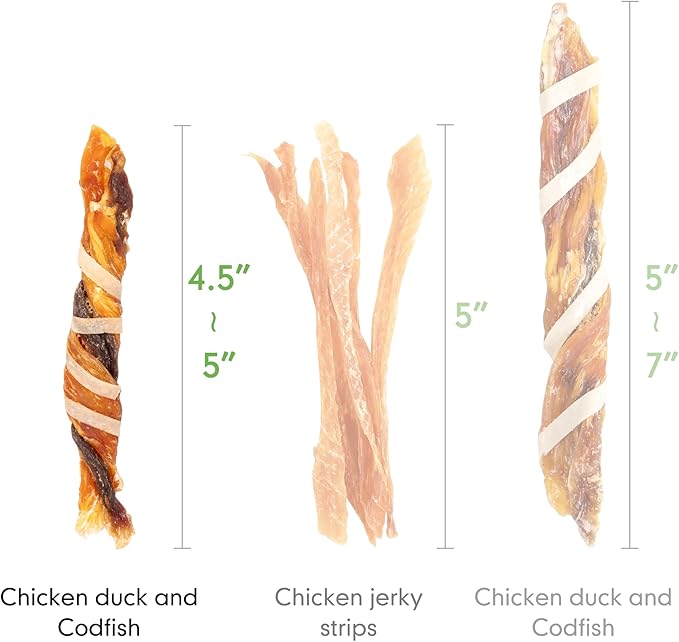 MON2SUN Dog Treats, Triple Flavor Jerky Twist Sticks, 4.5-5 Inch Chicken Duck and Codfish Sticks Dog Chews for Small Dogs, Healthy Dog Snacks, 10.58 oz (30 Count-Pack of 1)
