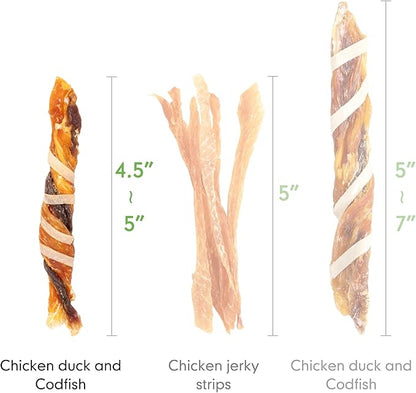 MON2SUN Dog Treats, Triple Flavor Jerky Twist Sticks, 4.5-5 Inch Chicken Duck and Codfish Sticks Dog Chews for Small Dogs, Healthy Dog Snacks, 10.58 oz (30 Count-Pack of 1)