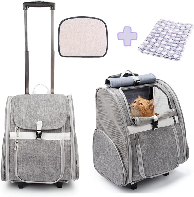 Lollimeow Pet Rolling Carrier, Dog Backpack with Wheels,Cats,Puppies Travel Bag with Wheels,Dog Trolley(Grey)