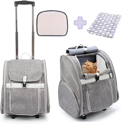 Lollimeow Pet Rolling Carrier, Dog Backpack with Wheels,Cats,Puppies Travel Bag with Wheels,Dog Trolley(Grey)