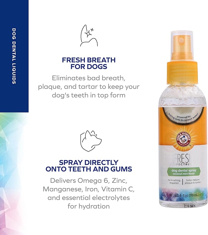 ARM & HAMMER Fresh Spectrum Coconut Mint Dog Dental Spray, 118ml, Best Dental Care for Dogs, Removes Plaque & Tartar, Freshens Breath, Gum & Teeth Cleaning, No Brushing, Easy to Use Pet Oral Hygiene