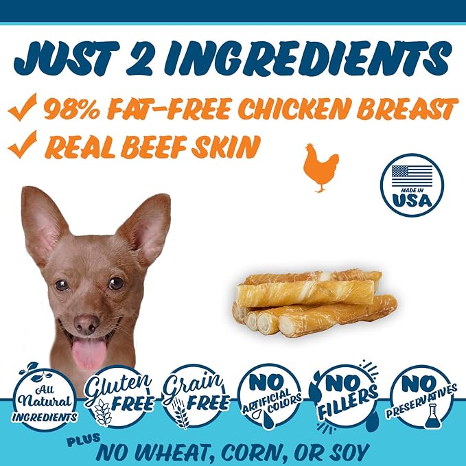 Chicken On A Stick Crunchy & Chewy Chicken Jerky Wrapped Rawhides for Dogs, Made in The USA Dog Treats, 2 in 1 Treat for Toy to Small Dogs 75 Ct