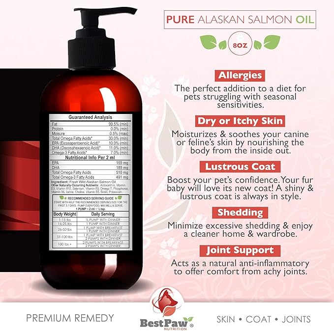 Pure Wild Alaskan Salmon Oil for Dogs & Cats Skin and Coat - Fish Oil Liquid with Pump - Supports Joint Function, Immune & Heart Health - Omega 3 Liquid Food Supplement - All Natural EPA + DHA - 8oz