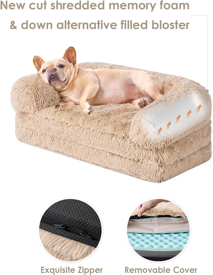EHEYCIGA Foldable XL Dog Bed, Faux Fur Fluffy Dog Bed for Extra Large Dogs, Orthopedic Calming Memory Foam XL Dog Couch Bed, Washable Soft Warm Dog Sofa Bed with Non-Slip Bottom, Camel, 40"x30"x7"
