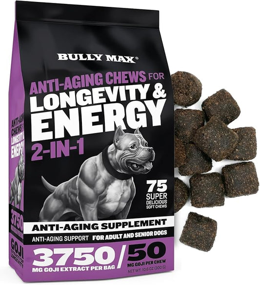 Bully Max 2-in-1 Anti-Aging Multivitamin Chews - Senior Dog Food Supplement for Vitality, Immunity, Joint Support with Postbiotics - Adult Dog Vitamins for Small & Large Breeds - 75 Tasty Soft Chews