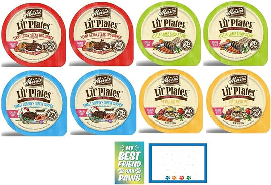 Merrick Lil' Plates Grain-Free Small Breed Wet Dog Food 8 Pack, 3.5 Oz Each, Includes: Texas Steak, Lamb Chop, Pot Pie, Surfin Turfin - Plus Fun Paw Notepad and Sticker (10 Items Total)