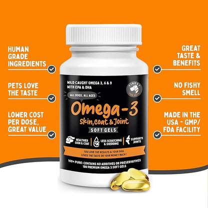 100% Pure Omega 3 Fish Oil Soft Gels for Dogs - Organic Skin, Coat & Joint Supplement - Boost Joint Health, Anti-Shedding & Itch Relief - Ideal for Medium to Large Dogs