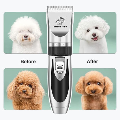 ENJOY PET Dog Clippers Low Noise Cat Shaver, Professional Dog Grooming Kit Rechargeable Cordless Pet Hair Clippers with 4 Comb Guides, Electric Quiet Pet Trimmer for Dogs Cats and Animals (Silver)