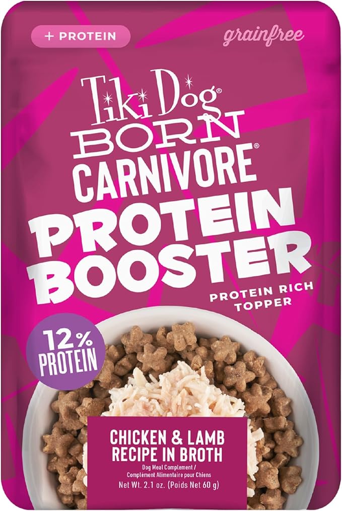Tiki Dog Born Carnivore Protein Booster Dog Food Topper, Chicken and Lamb Recipe in Broth, 2.1 oz. Pouch (12 Count)