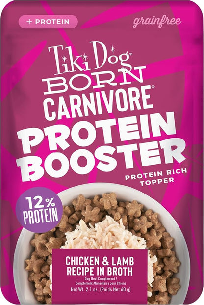 Tiki Dog Born Carnivore Protein Booster Dog Food Topper, Chicken and Lamb Recipe in Broth, 2.1 oz. Pouch (12 Count)