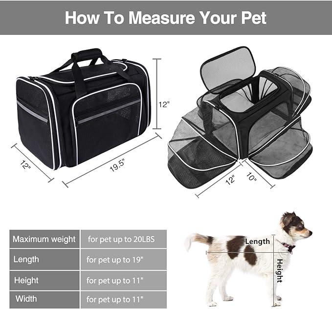 Airline Approved Expandable Pet Carrier with Mesh Pockets, Shoulder Strap, Washable Pads - For 2 Cats, Kittens, Puppies, Dogs